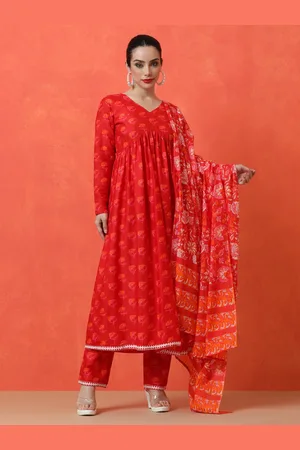 Jaipur Floral Printed V-Neck Pure Cotton Empire Kurta With Trousers And Dupatta