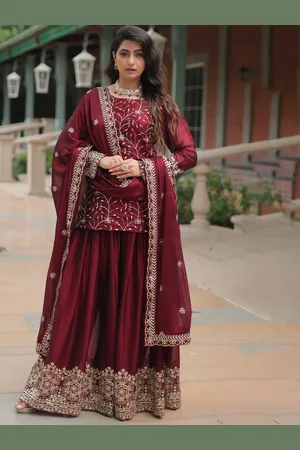 Ethnic Yard Floral Embroidered Square Neck Sequinned Straight Kurti With Palazzo & Dupatta