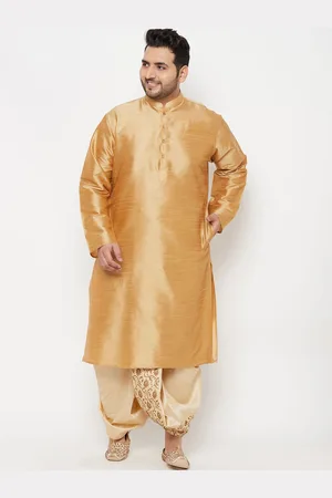 Vastramay Men Rose Gold Mandarian Collar Silk Blend Kurta with Dhoti Pants