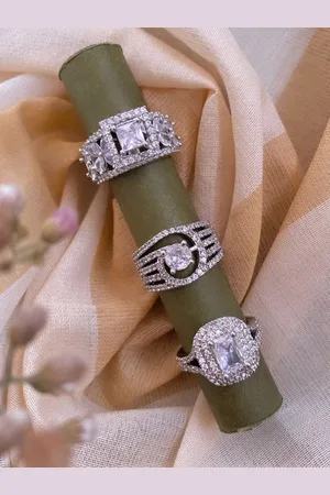 ATIBELLE Set Of 3 Silver-Plated Cubic Zirconia-Studded Rings