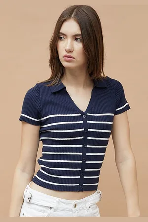 Lifestyle Women Striped Polo Collar Pockets T-shirt