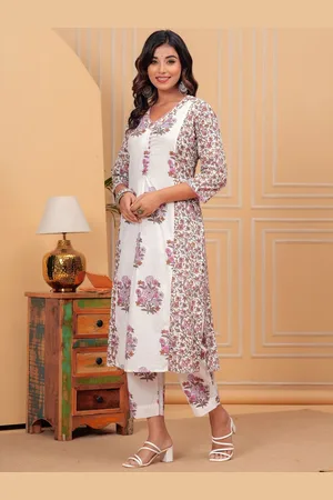 EtnicaWear Women Floral Yoke Design Regular Thread Work Pure Cotton Kurta with Trousers & With Dupatta