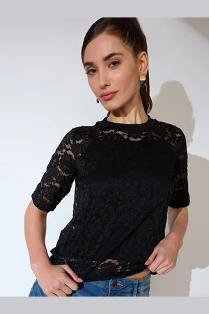 Globus Women Black Round Neck Short Sleeves Floral Lace Party Top