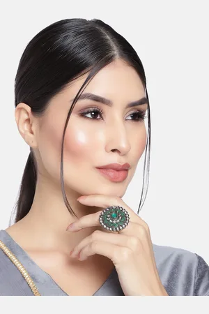 I Jewels Green & Silver-Toned Oxidised Rhodium Plated Kundan Handcrafted Finger Ring