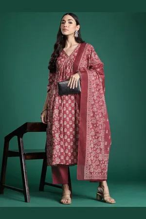 Indo Era Floral Printed Empire Pure Cotton Kurta with Trousers & With Dupatta