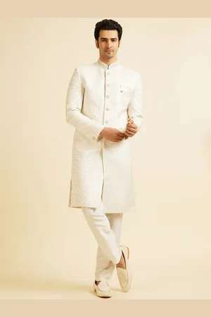 Manyavar Men Hand Embroidered Stone work Mandarin Collar Sherwani Set