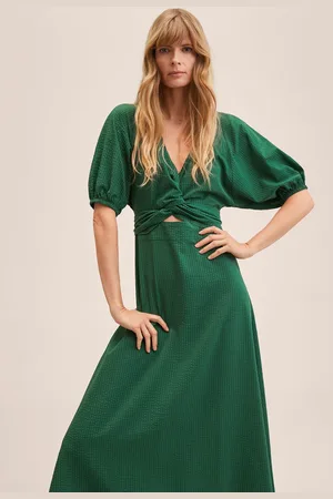 MANGO Women Green Striped Twisted Cut Out Detail Puff Sleeves A-Line Midi Dress
