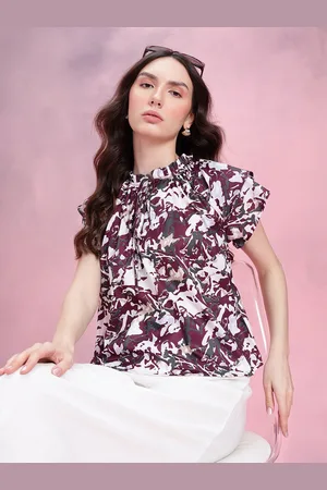 DressBerry Abstract Print Tie-Up Neck Flutter Sleeves Top with Ruffled Detail