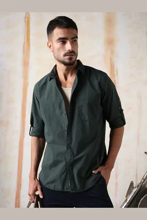 High Star Men Regular Fit Utility Heavy Washed Spread Collar Solid Cotton Casual Shirt