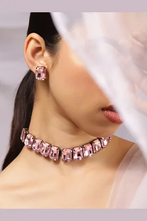 Rubans Rhodium Plated Pastel Pink Crystal Cubic Zirconia Studded Statement Choker Set