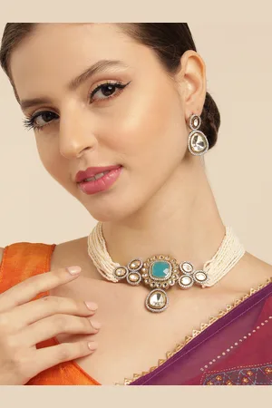 House of Pataudi Kundan AD Stud Premium Silver Polish Beaded Chokar Necklace Set