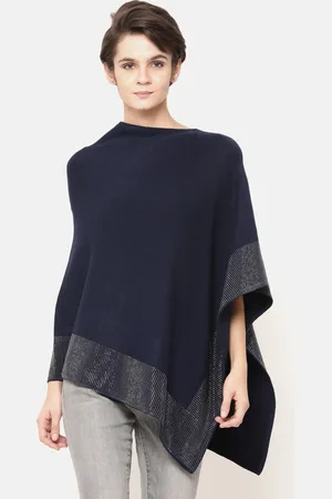 Gipsy Women Navy Blue Solid Poncho Sweater
