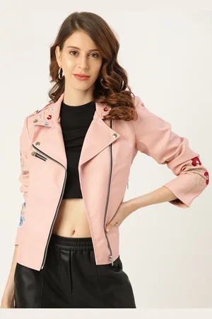 Leather Retail Women Pink Solid Biker Jacket With Embroidery