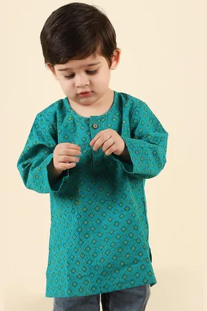 Fabindia Boys Teal Quirky Cotton Printed Kurta