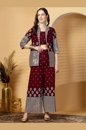Clora Creation Printed Round Neck Top With Palazzos and Blazer Set Co-Ords