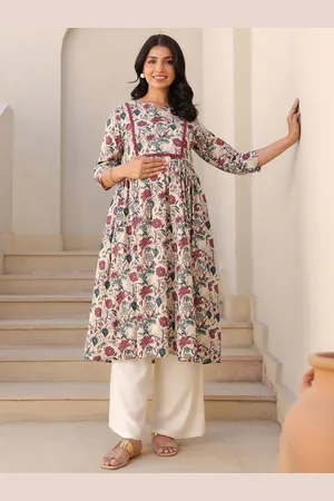 Janasya Women Floral Printed Keyhole Neck Floral Maternity Anarkali Kurta