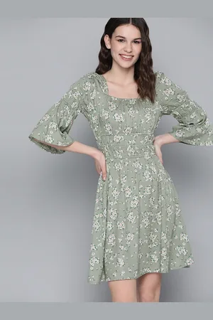 Mast & Harbour Women Green & White Floral Print Empire Dress