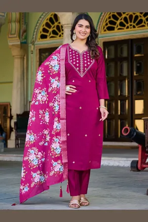 Kalini Women Ethnic Motifs Embroidered Regular Thread Work Raw Silk Kurta with Trousers & With Dupatta