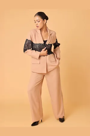 Blanc9 Women Light Brown Lace Patch Blazer Trouser Co-Ords Set