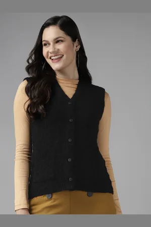 Cayman Women Black Self Designed Cardigan Sweater
