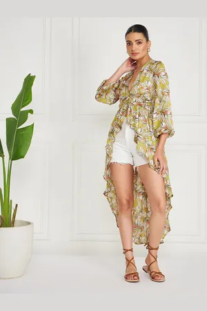 KASSUALLY Women Printed Longline Tropical Button Shrug