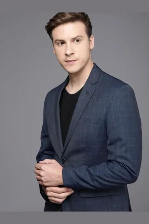 Louis Philippe Men Blue Checks Slim Fit Single-Breasted Formal Blazer