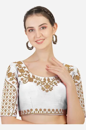 PUJIA MILLS Women White & Gold Embroidered Readymade Silk Saree Blouse