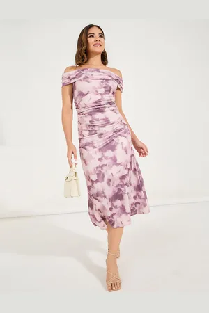 Styli Women Dyed Ruched Off Shoulder Bodycon Midi Dress