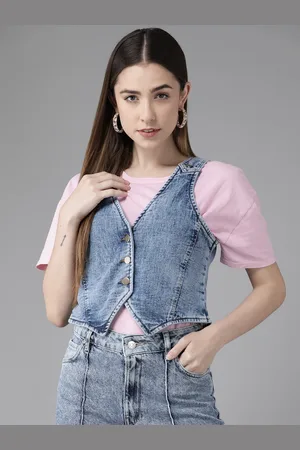 KASSUALLY Women Blue Crop Button Shrug
