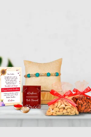 eCraftIndia Multicoloured Pearl Rakhi Gift Set with Badam & Cashews 400g