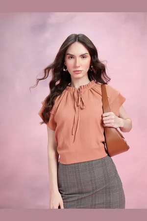 DressBerry Crinkled Effect Tie-Up Neck Flutter Sleeves Top with Ruffled Detail