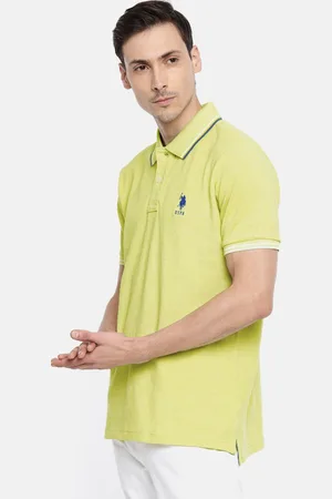 U.S. Polo Assn. Men Lime Green Solid Polo Collar Pure Cotton T-shirt