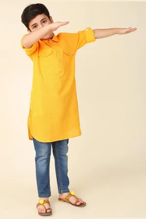 Fabindia Boys Geometric Woven Design Shirt Collar Pathani Cotton Kurta