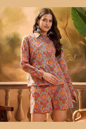 Sangria Printed Pure Cotton Long Sleeve Shirt With Shorts Co-Ords