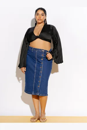 FREAKINS Plus Size Blue Straight Knee Length Pure Cotton Straight Skirt