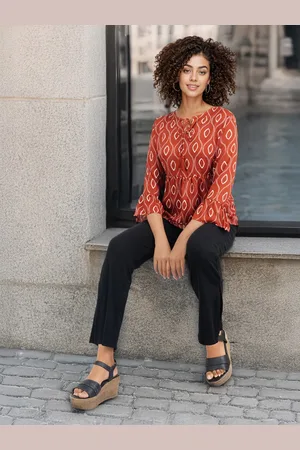DressBerry Printed Tie-Up Neck Bell Sleeve Peplum Top