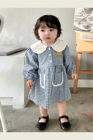 LULU & SKY Girls Checked Peter Pan Collar Puff Sleeve A-Line Dress