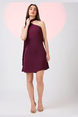 Globus Women Burgundy Scarf Drape Neck One Shoulder Solid Mini A-Line Party Dress