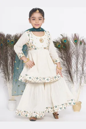 Little Bansi Girls Embroidered Pure Cotton Kurta With Sharara & Dupatta With Jacket