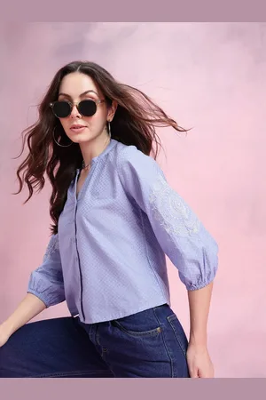 DressBerry Mandarin Collar Puff Sleeve Shirt Style Top