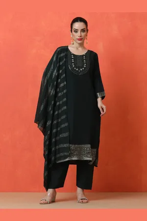 Jaipur Floral Embroidered Sequinned Straight Kurta With Trousers And Dupatta