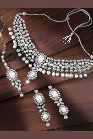 Peora White Silver-Plated Kundan & Pearls Embellished Jewellery Set