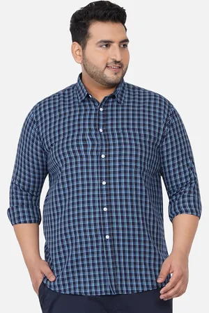 John Pride Plus Size Men Blue Checked Cotton Plus Size Casual Shirt