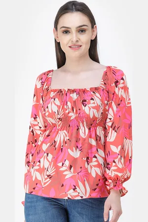 Cation Women Coral Pink Printed Empire Top