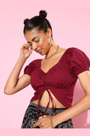 Roadster The Life Co. Earthy Maroon Sweetheart Neck Puff Sleeve Cotton Bustier Crop Top