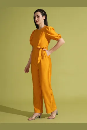 Globus Women Puff Sleeve Waist Tie-Up Satin Jumpsuit
