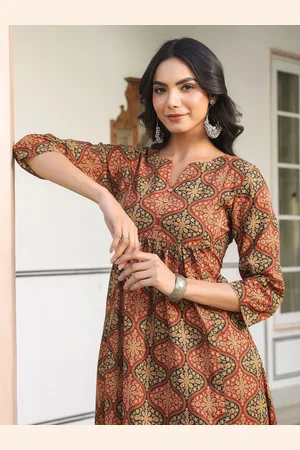 Janasya Women Ethnic Motifs Printed Pleated Pure Cotton Kurta with Trousers