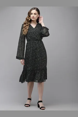 Ishin Black & Green Georgette Dress