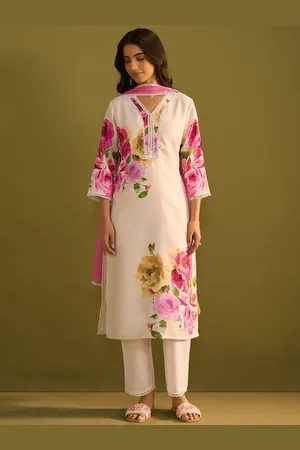 Indo Era Women Floral Printed Regular Beads and Stones Linen Kurta with Trousers & With Dupatta