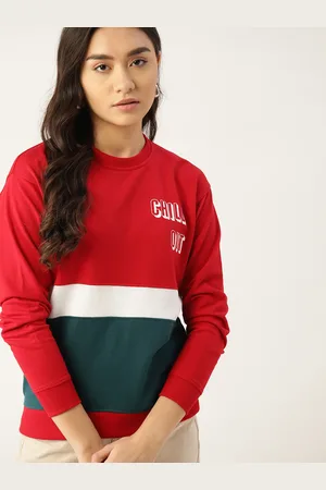 DressBerry Women Red & Teal Green Colourblocked Sweatshirt